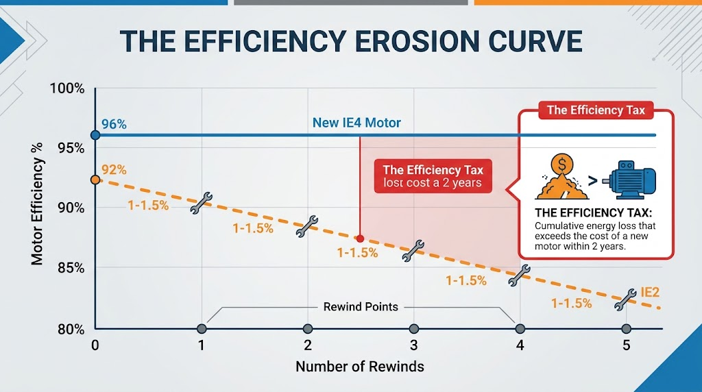 Line chart titled "The Efficiency Erosion Curve" showing motor efficiency declining from 92% to below 83% (IE2 level) over 5 successive rewinds, each losing 1-1.5% efficiency, compared against a flat 96% new IE4 motor line, with a highlighted "Efficiency Tax" callout showing cumulative energy loss exceeds the cost of a new motor within 2 years.
