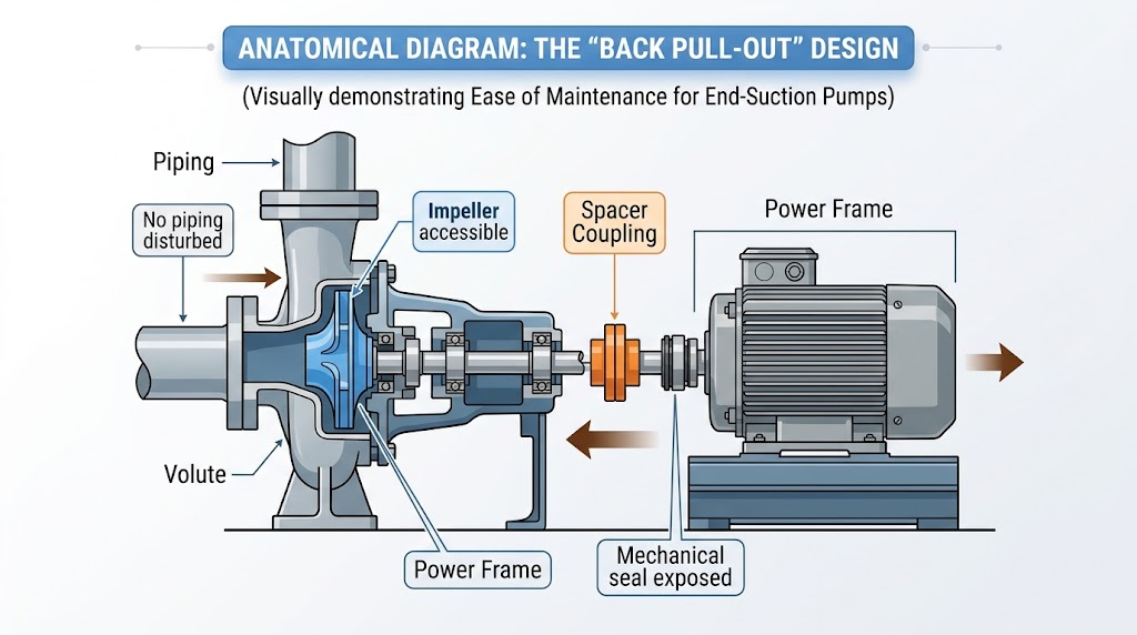 Anatomical diagram of an end-suction centrifugal pump highlighting the back pull-out design, showing easy access to the impeller and mechanical seal without disturbing piping.