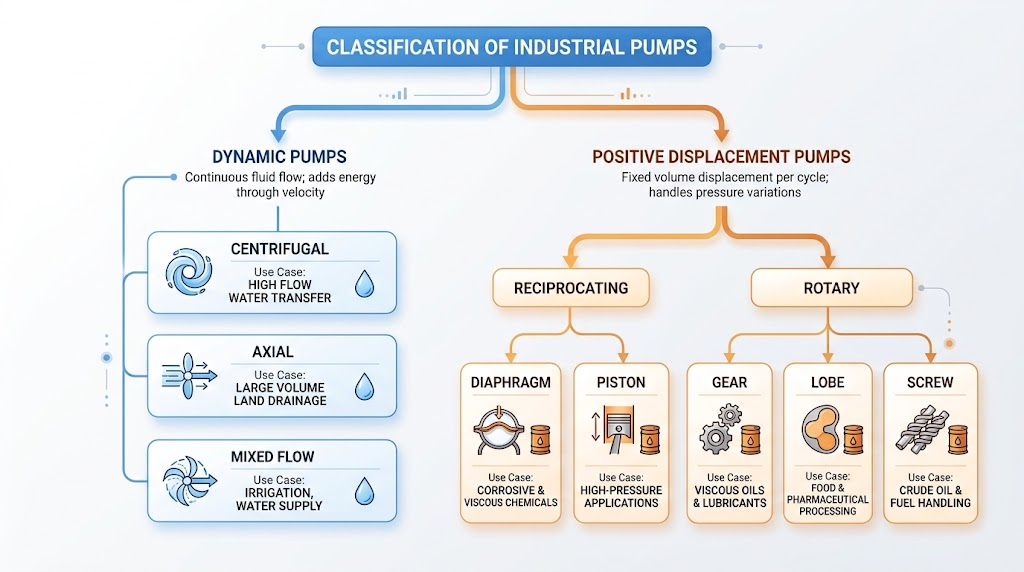 Classification chart of industrial pumps comparing dynamic pumps and positive displacement pumps with common industrial use cases.