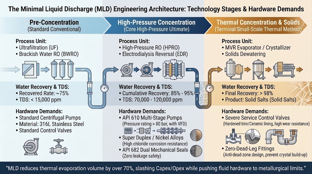 Diagram showing Minimal Liquid Discharge (MLD) engineering architecture across three process stages and hardware demands.