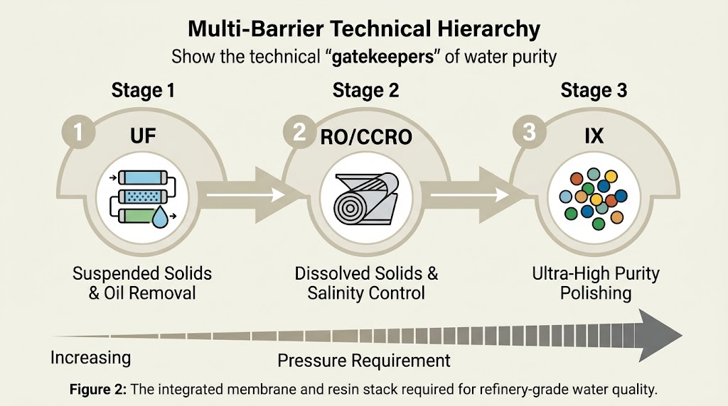 Diagram showing 3-stage water purification: UF filtration, RO/CCRO membrane, and IX resin polishing.