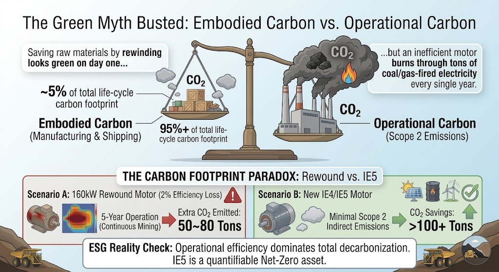 Balance scale infographic comparing embodied carbon (5%, manufacturing/shipping) versus operational carbon (95%+, Scope 2 emissions from electricity use), with a case study showing a rewound 160kW motor emitting 50-80 extra tons of CO2 over 5 years versus 100+ tons of CO2 savings from a new IE4/IE5 motor.