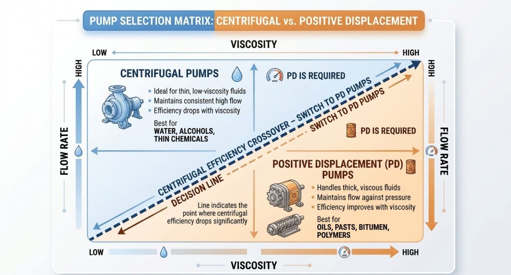 Infographic of a Pump Selection Matrix comparing Centrifugal Pumps and Positive Displacement (PD) Pumps based on fluid viscosity and flow rate. It shows that Centrifugal pumps are best for low viscosity and high flow, while PD pumps are required for high viscosity and maintain flow against pressure.