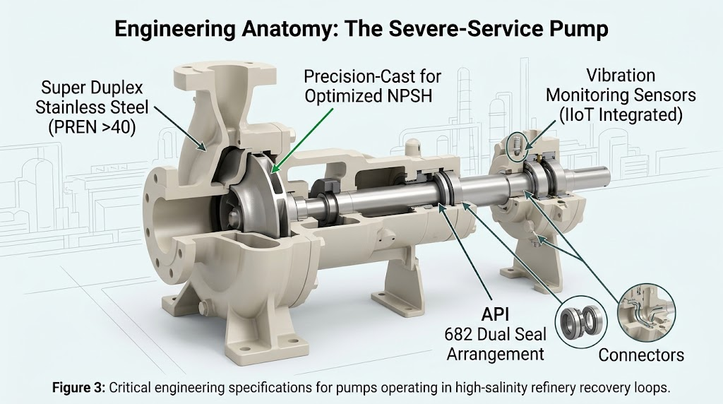 Cross-section diagram of a severe-service pump showing mechanical seals, impeller, and sensors.