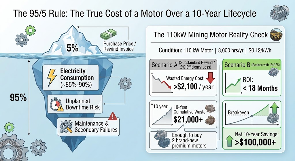 Iceberg infographic: purchase price is only 5% of a motor's 10-year cost, with electricity (85-90%), downtime risk, and maintenance hidden below the surface; case study shows a 110kW mining motor wasting $21,000+ over 10 years if rewound versus saving $100,000+ by replacing with IE4/IE5.